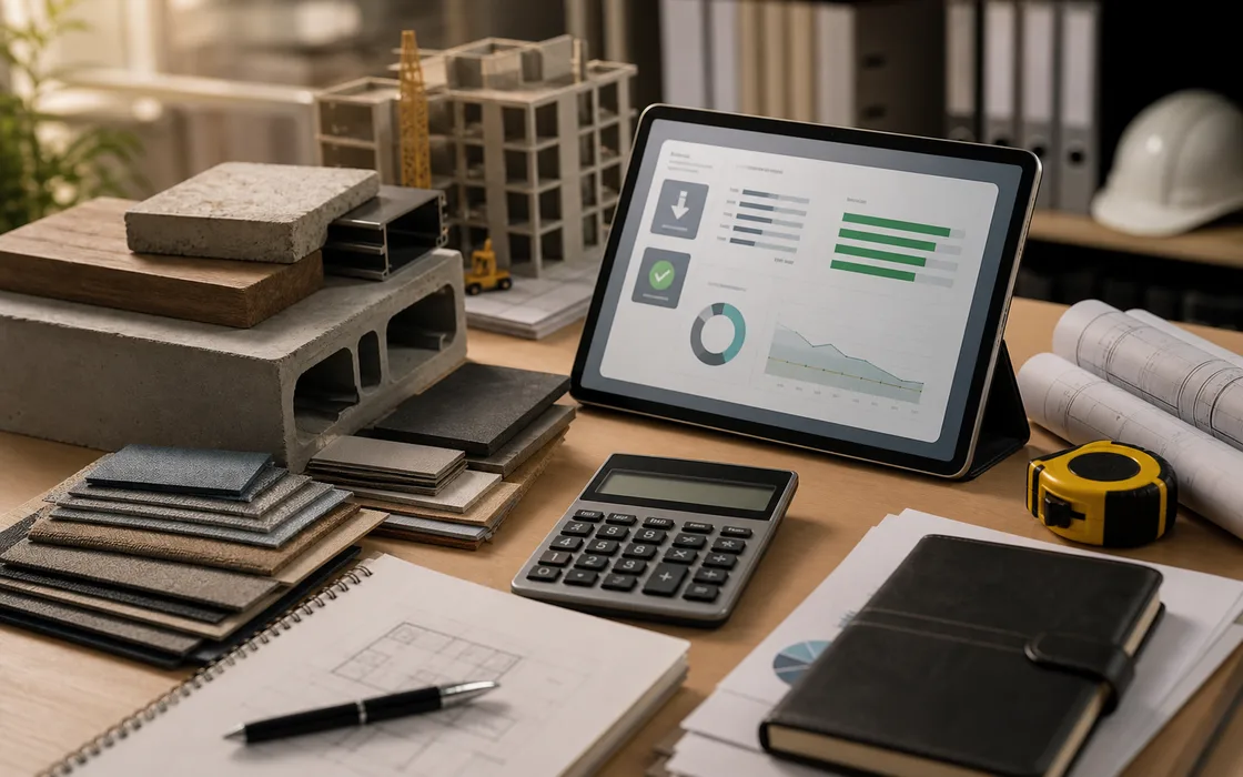 Banco tecnico con dashboard di costo, materiali e strumenti di controllo