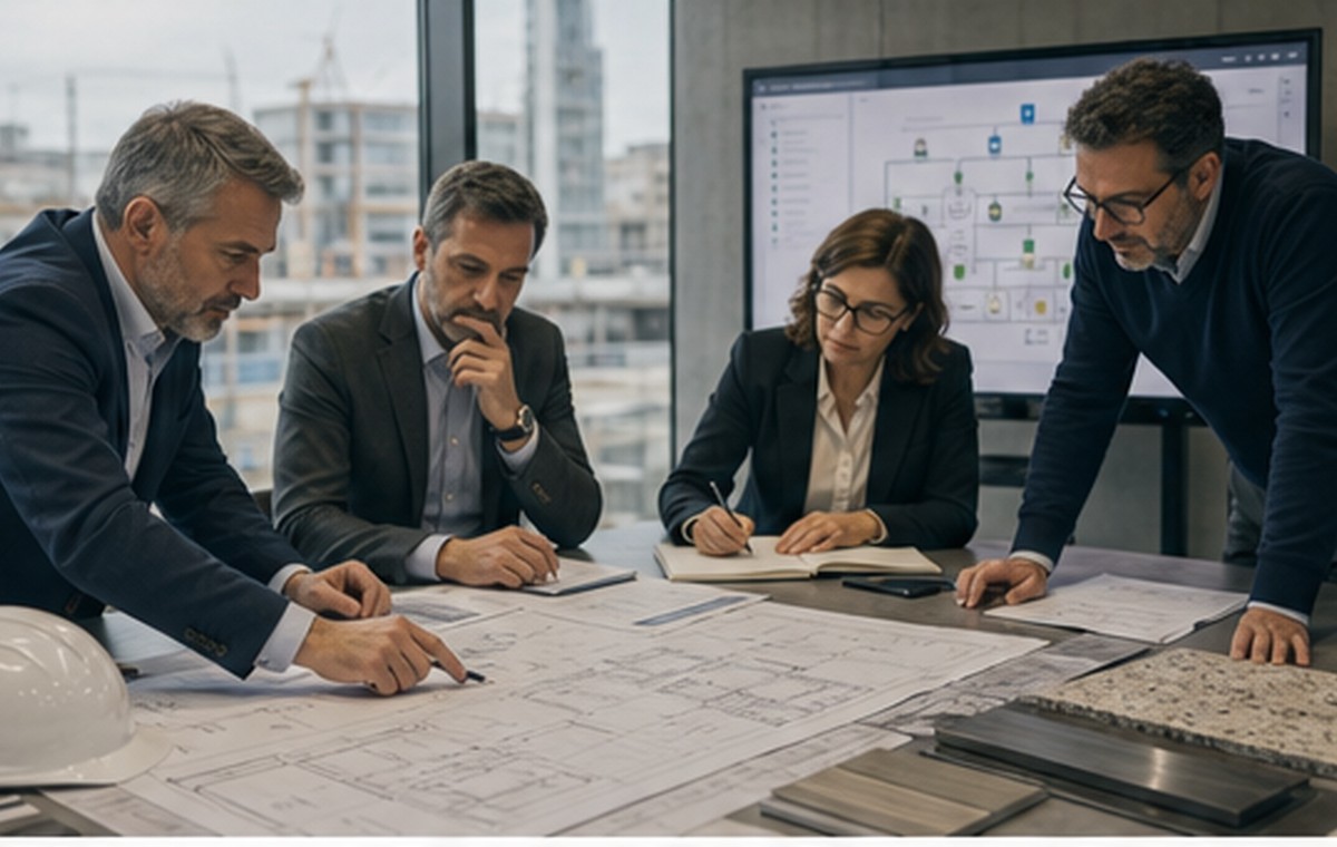 Tavolo tecnico con elaborati di cantiere, materiali e controllo digitale delle evidenze