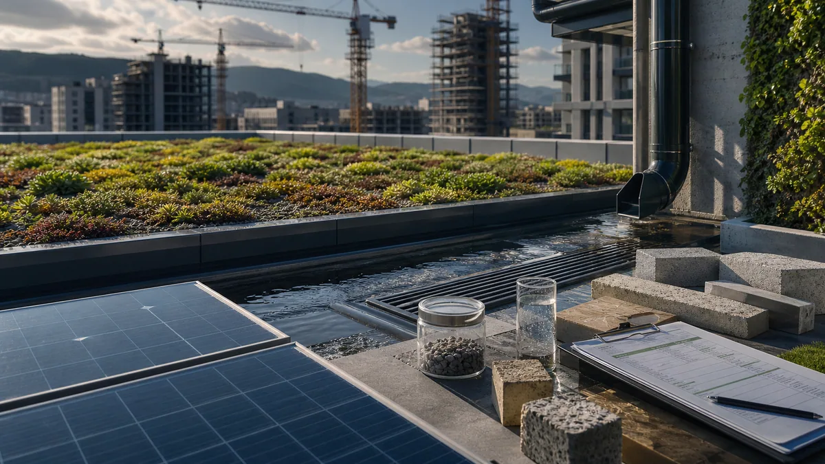 Cantiere sostenibile con copertura verde, pannelli solari e materiali tecnici