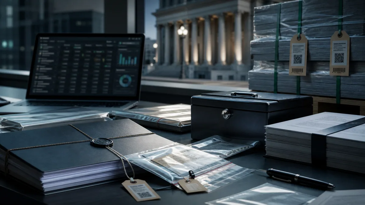 Postazione di tracciabilita con documenti, evidenze sigillate e materiali registrati