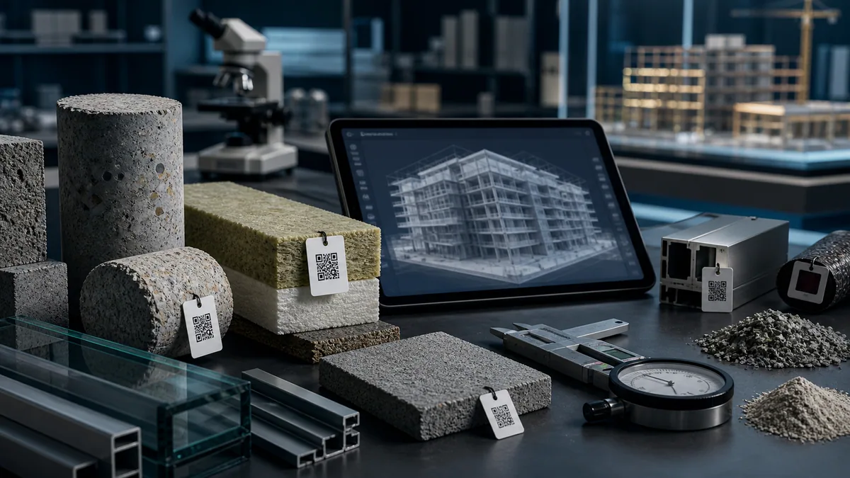 Banco tecnico con materiali da costruzione, modello BIM e strumenti di misura