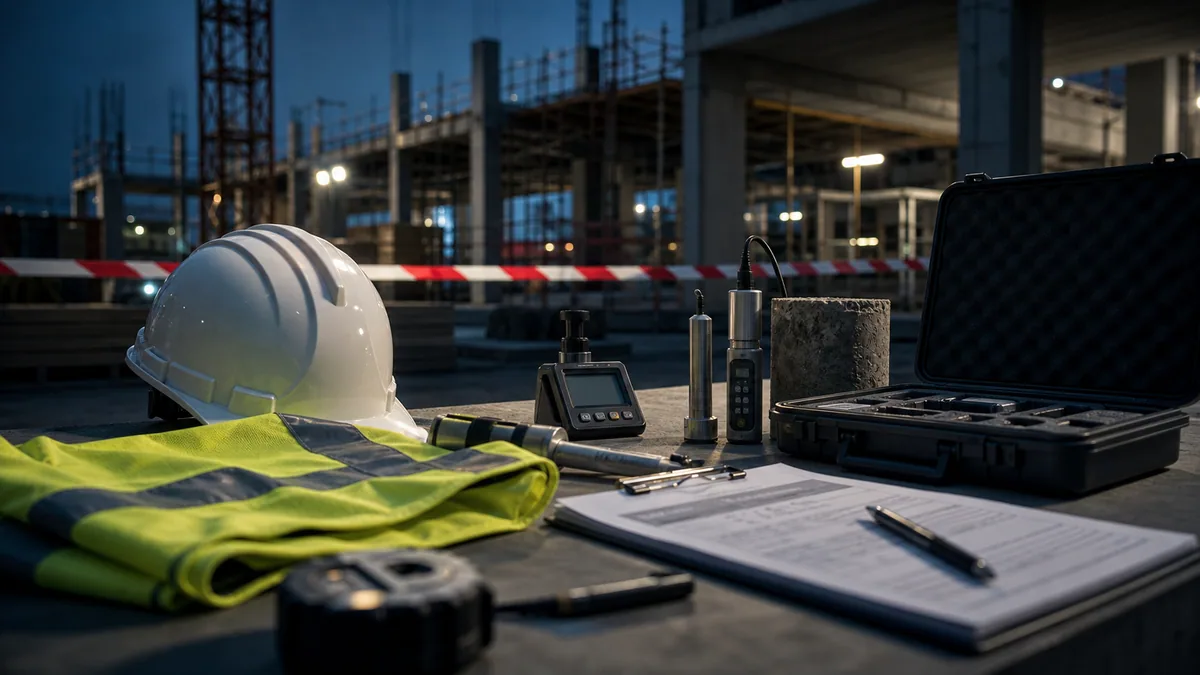Area di controllo sicurezza e qualita in cantiere con DPI e strumenti ispettivi