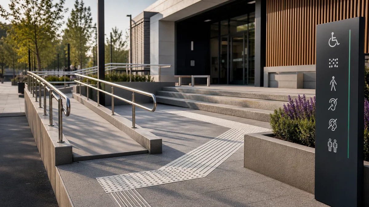 Ingresso pubblico accessibile con rampa, percorsi tattili e segnaletica inclusiva