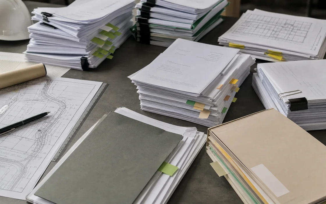 Documenti di gara, capitolato e norme tecniche separati su un tavolo operativo