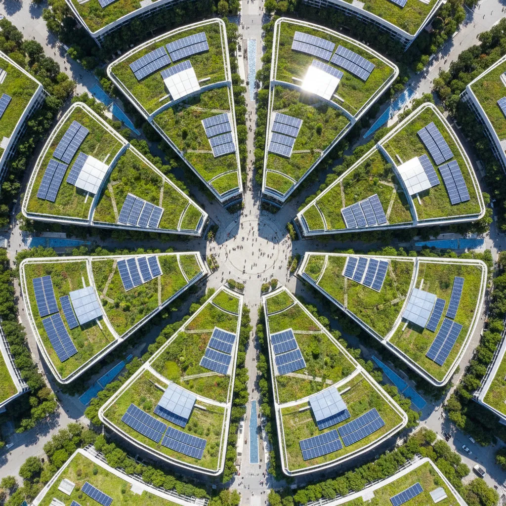 Edifici con coperture verdi e pannelli solari, esempio di requisiti ambientali applicati