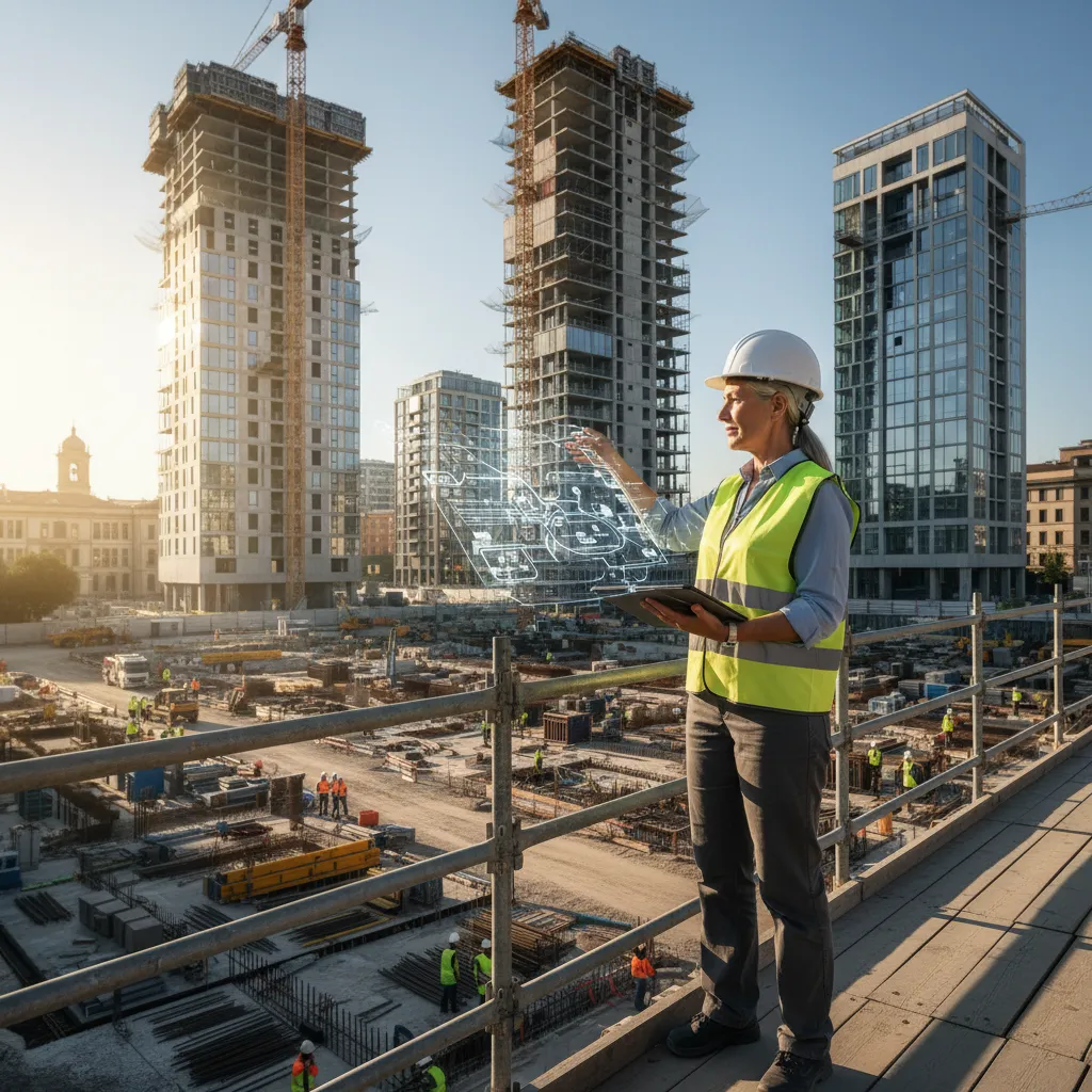 Responsabile di cantiere con modello digitale davanti a una grande opera in esecuzione